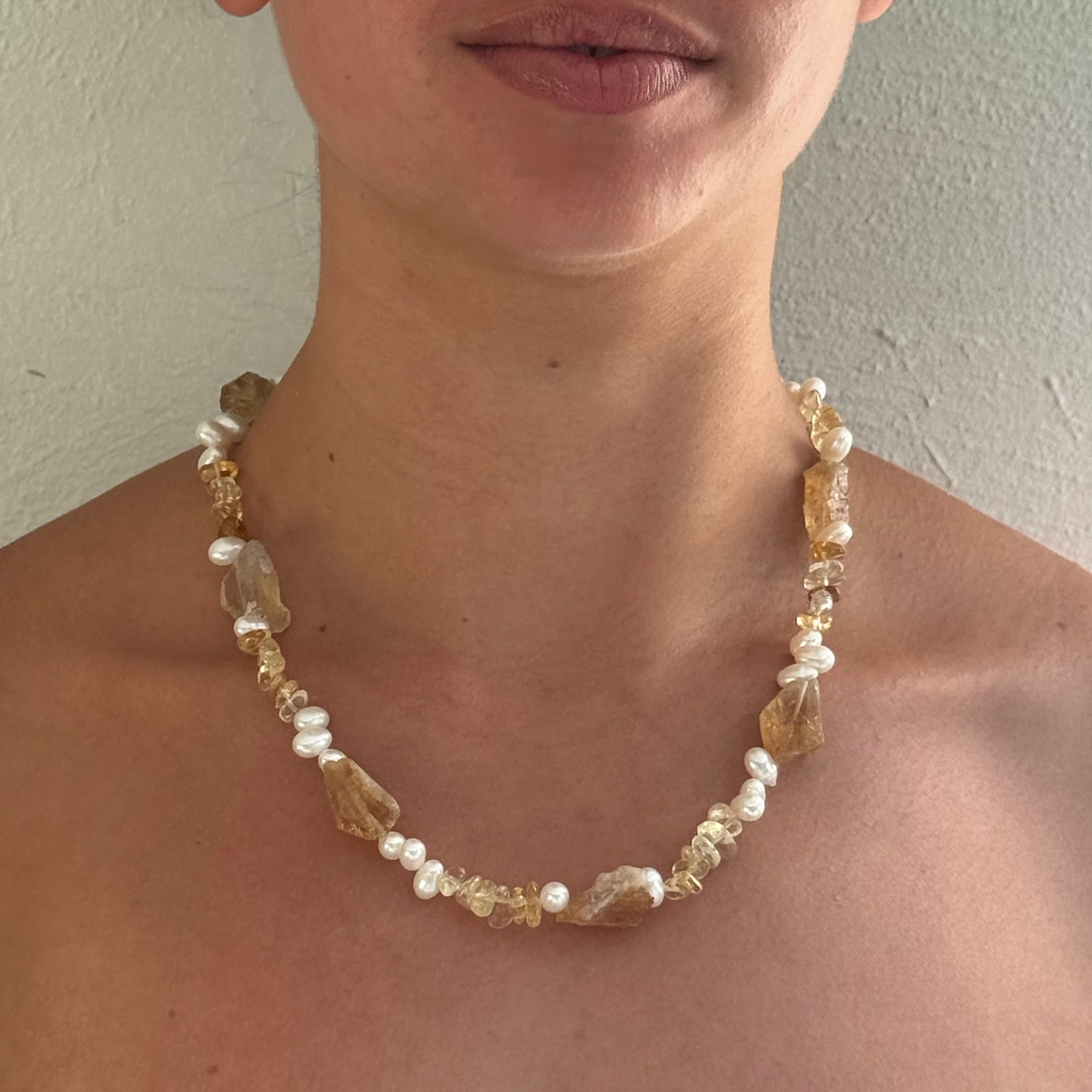 Bliss stone and Pearl Necklace- Citrine, Amethyst and Seaglass