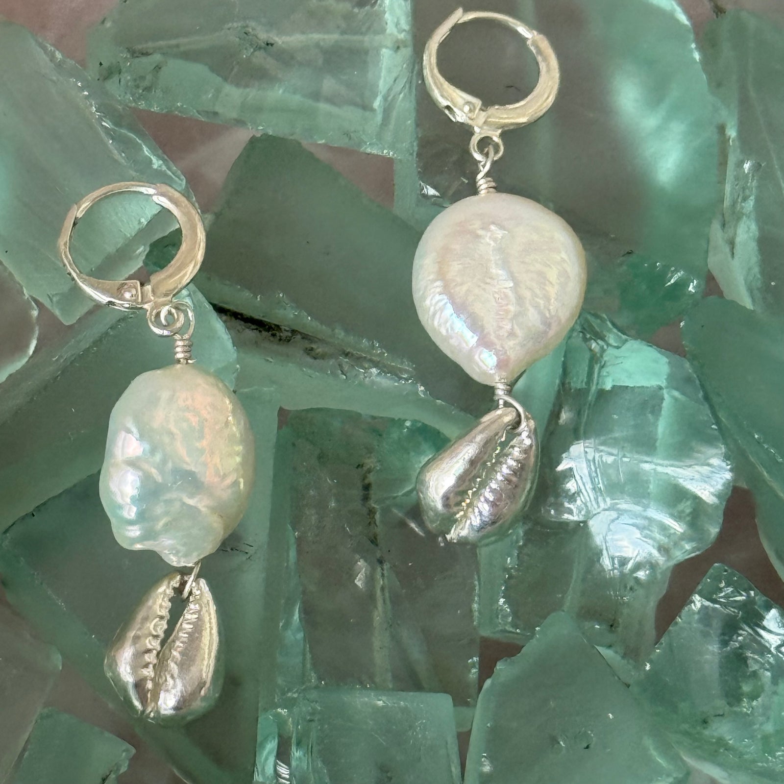 Coin Pearl and Conial/Cowrie Shell Earrings