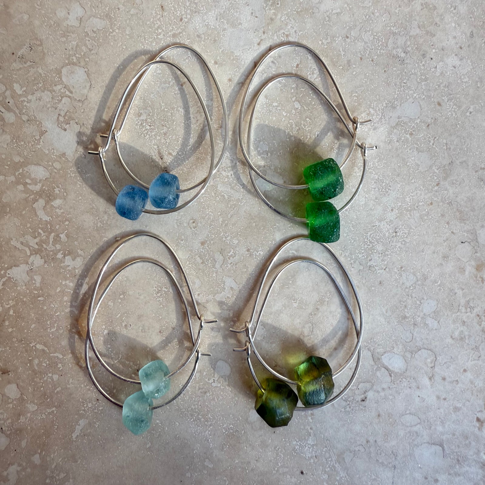 Recycled Glass Hoop Earrings - silver or gold in small and large.