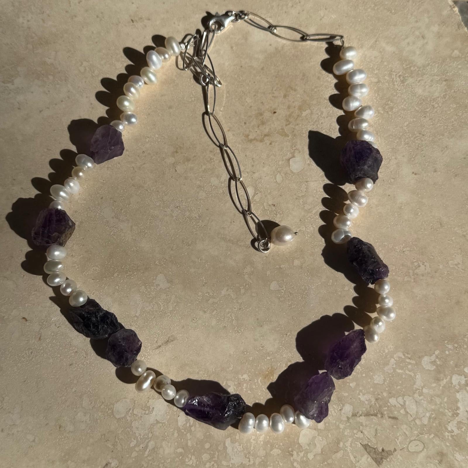 Bliss stone and Pearl Necklace- Citrine, Amethyst and Seaglass