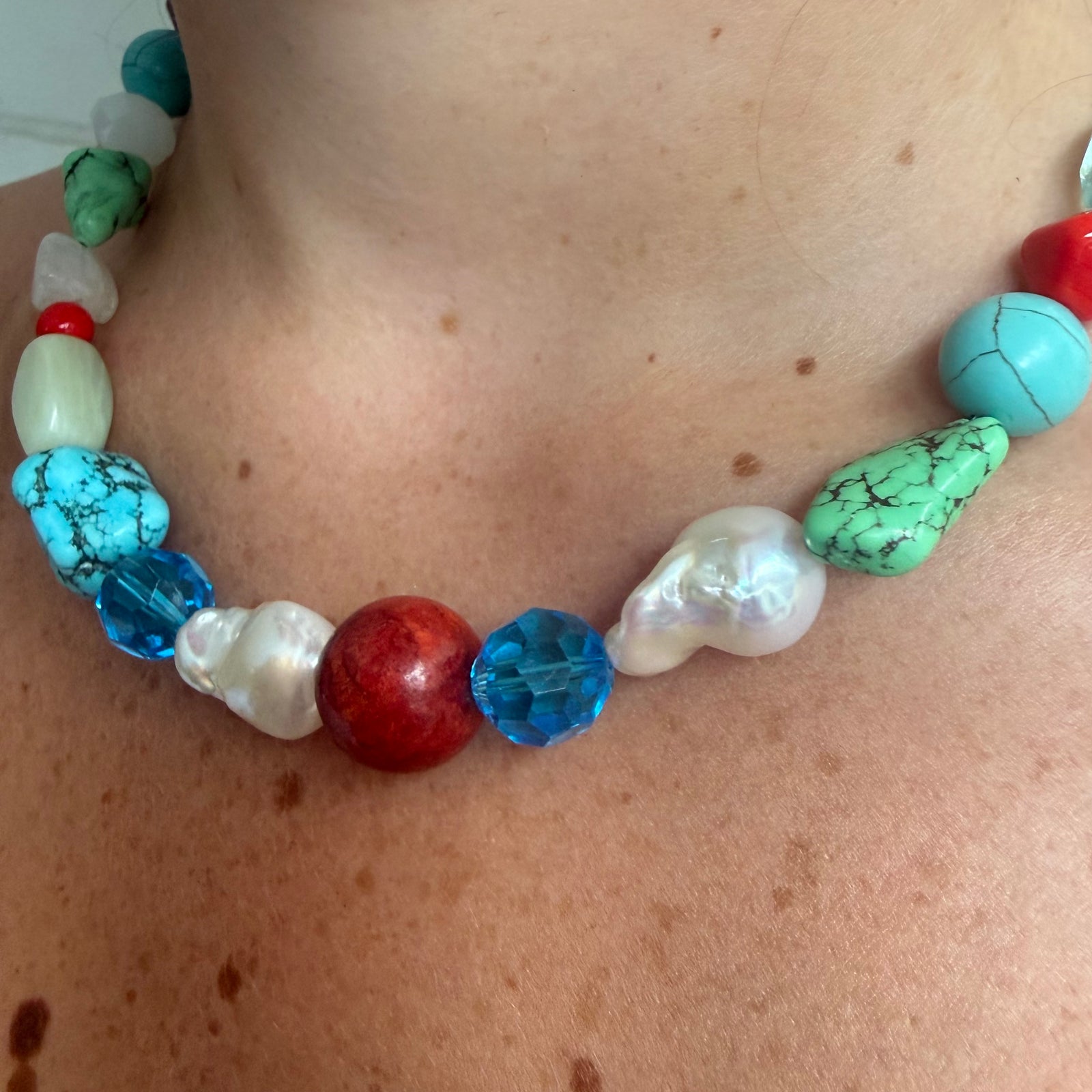 Pop of colour! Multi stone and baroque pearl necklace