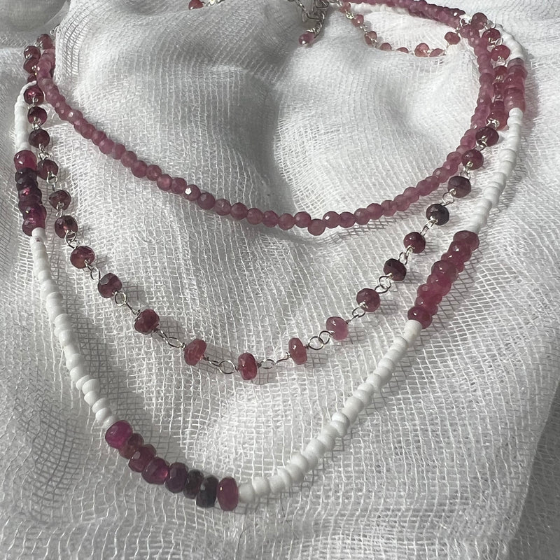 Pink Tourmaline mix wth White glass beaded Necklace