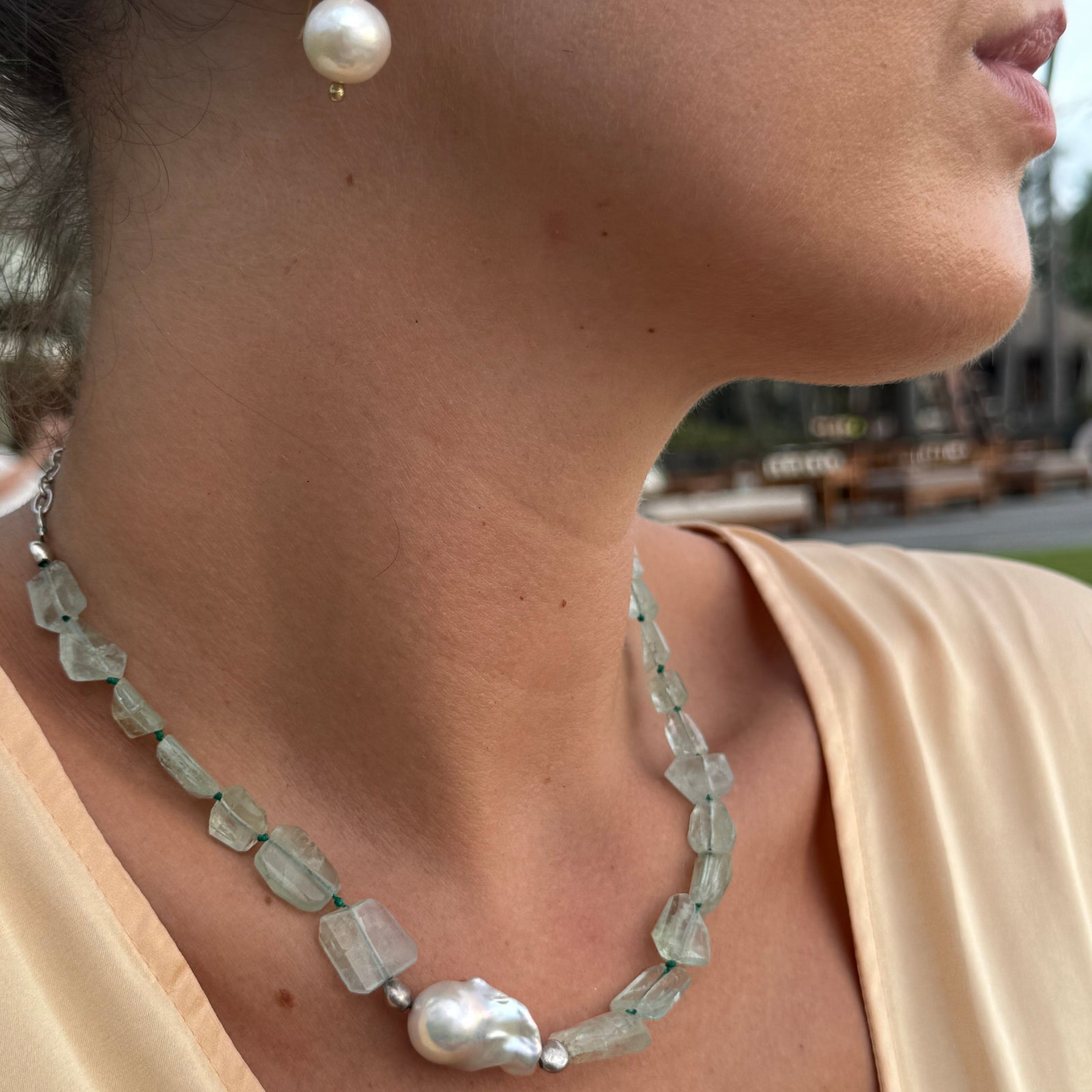Aquamarine and Baroque Pearl Necklace