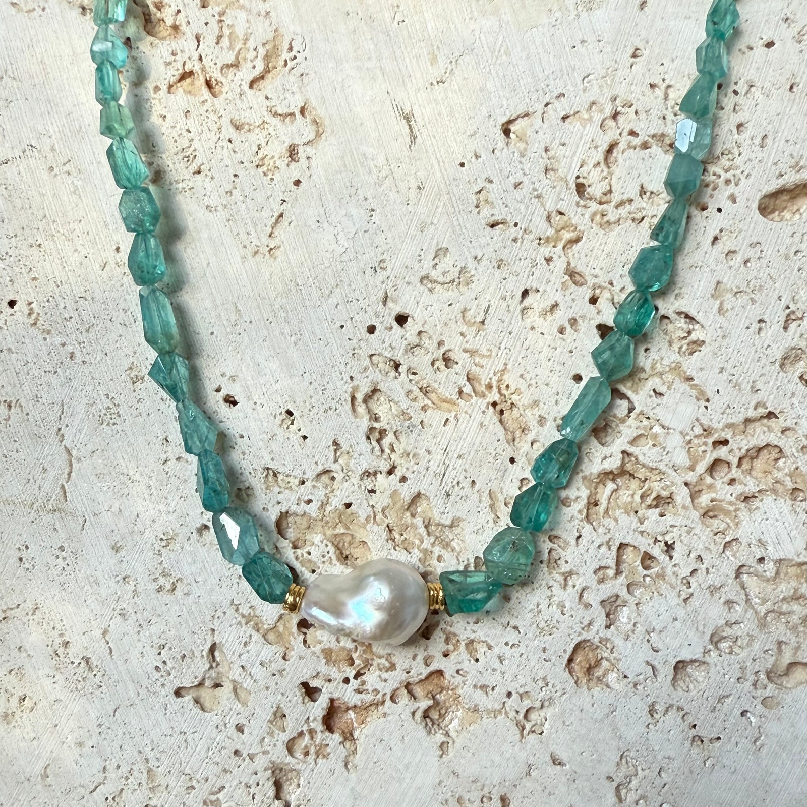Apatite and Baroque Pearl Necklace