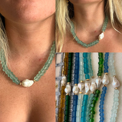 Seaglass and Baroque Pearl Necklace