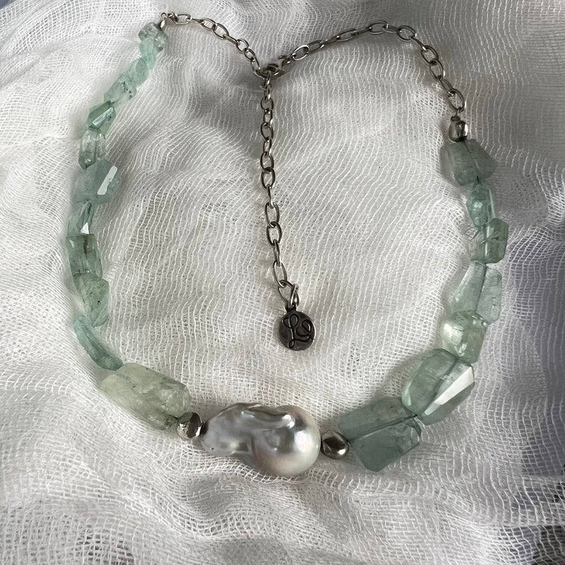 Aquamarine and Baroque Pearl Necklace