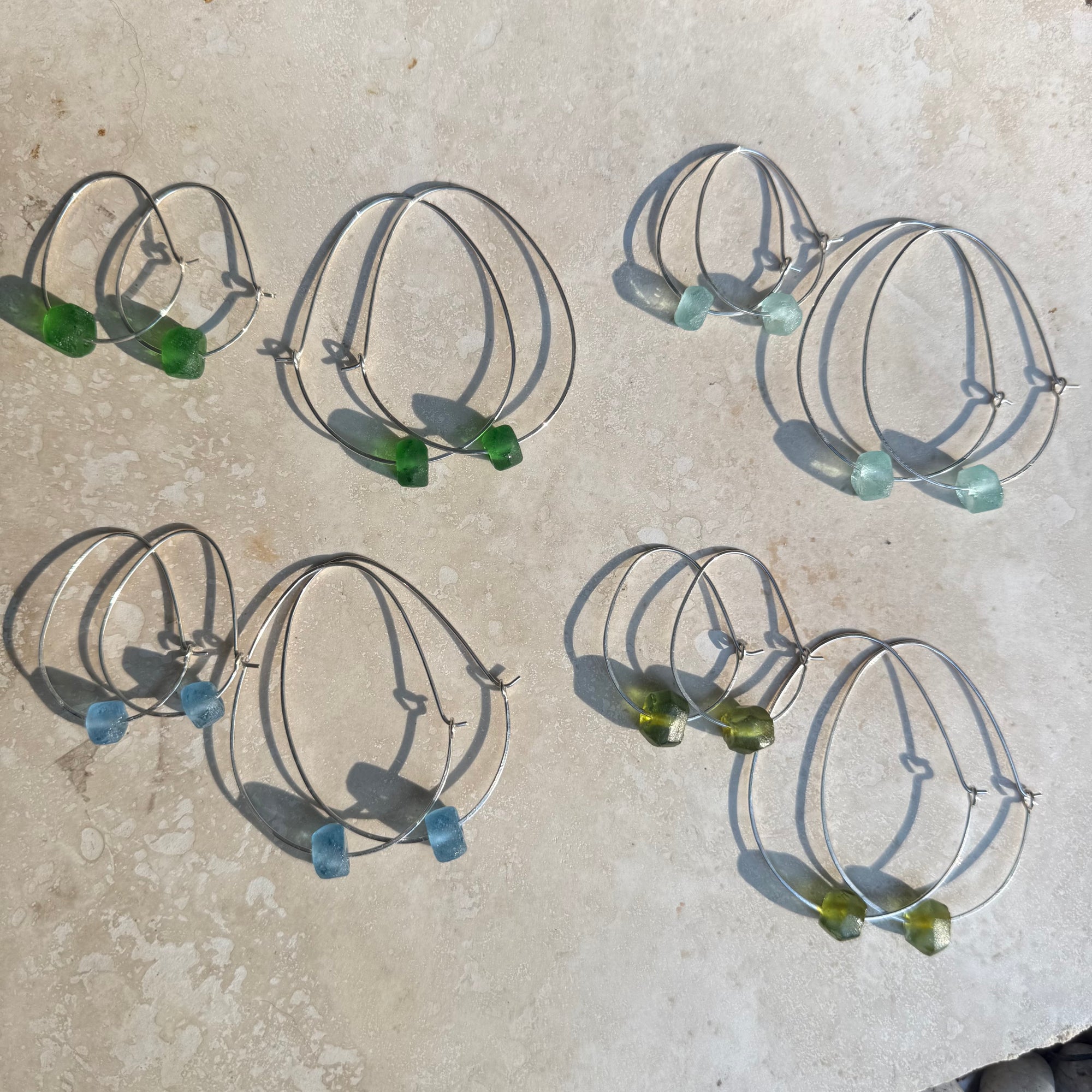 Recycled Glass Hoop Earrings - silver or gold in small and large.