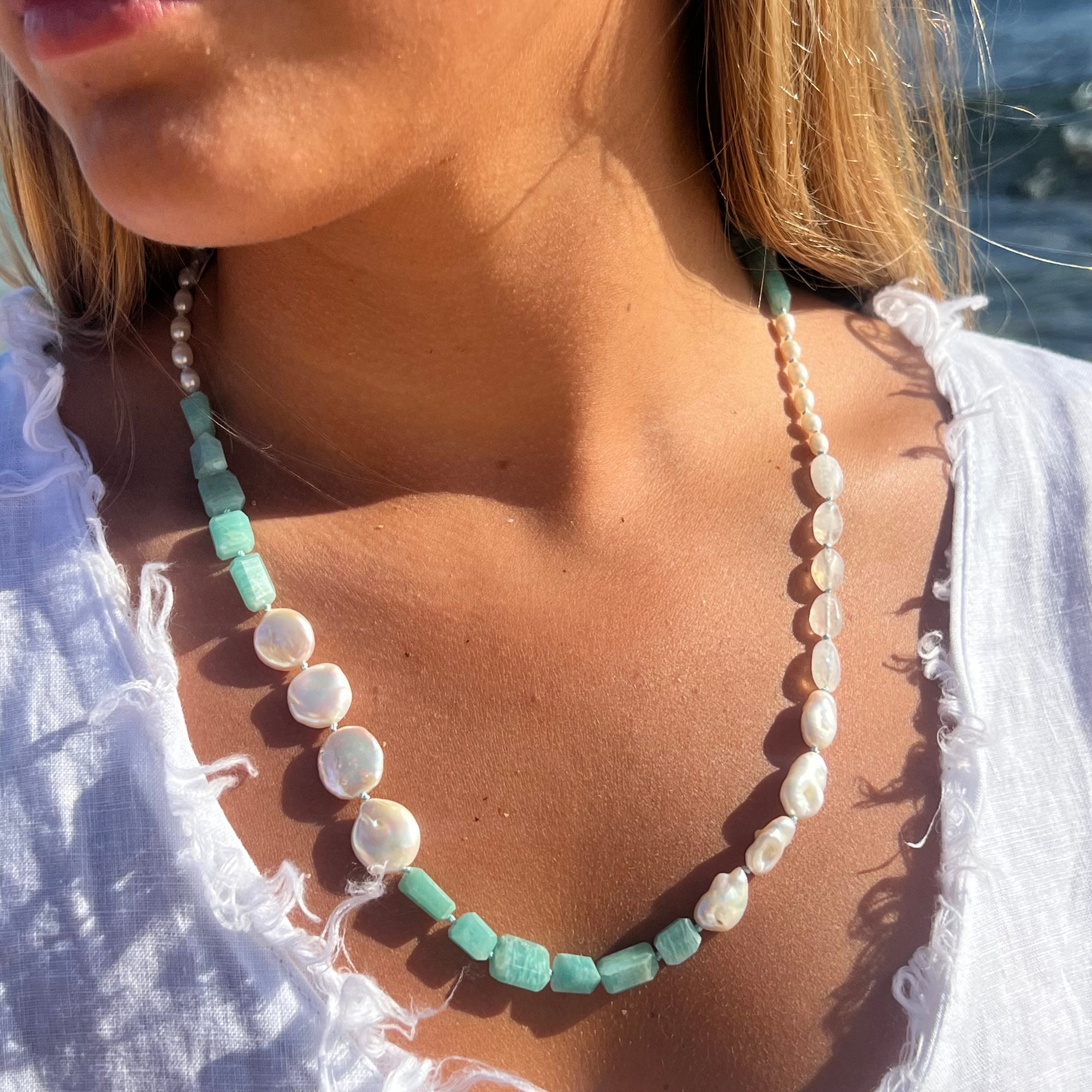 One of a kind! Amazonite, Pearl, Moonstone Necklace