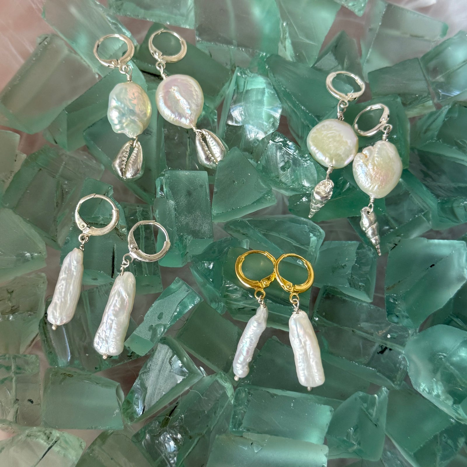 Coin Pearl and Conial/Cowrie Shell Earrings