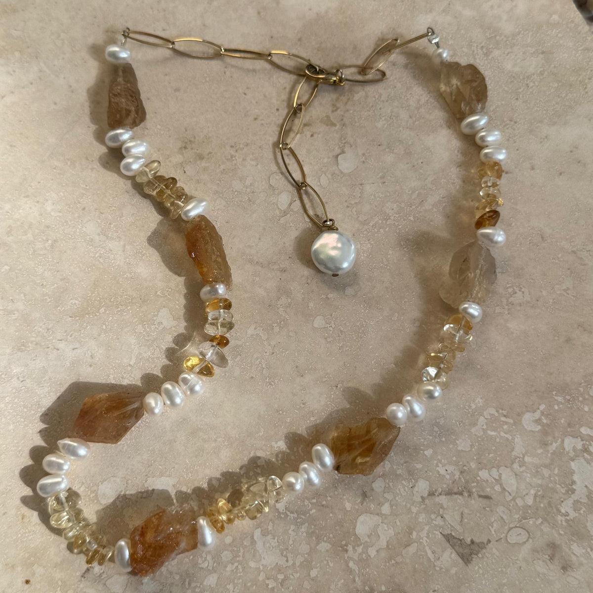 Bliss stone and Pearl Necklace- Citrine, Amethyst and Seaglass