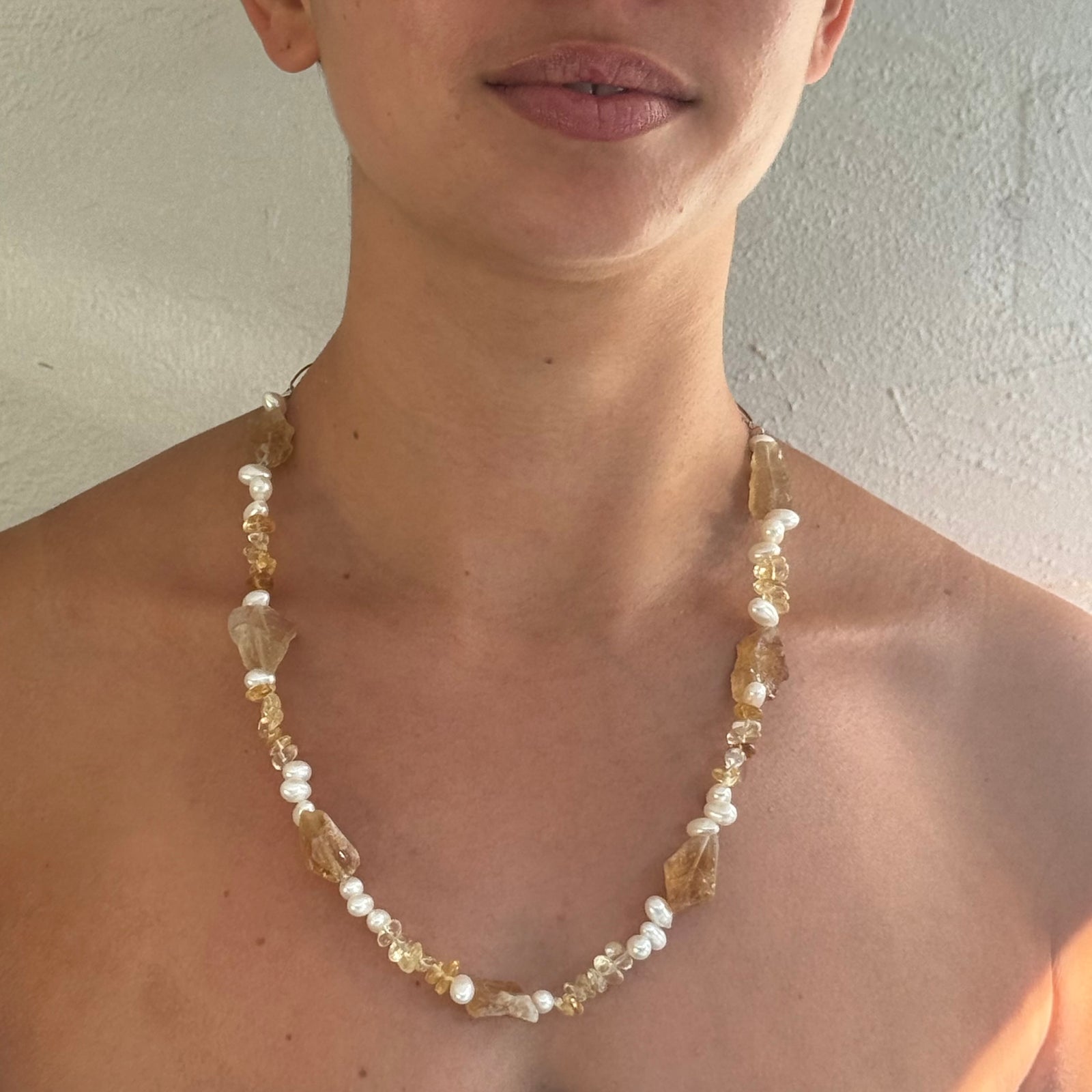 Bliss stone and Pearl Necklace- Citrine, Amethyst and Seaglass