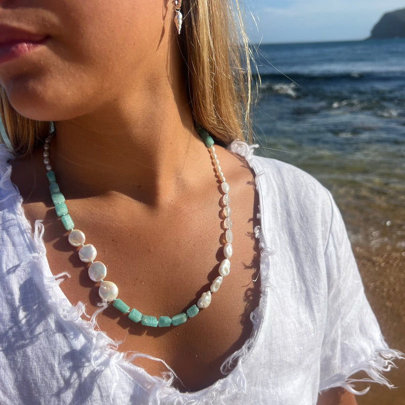 One of a kind! Amazonite, Pearl, Moonstone Necklace