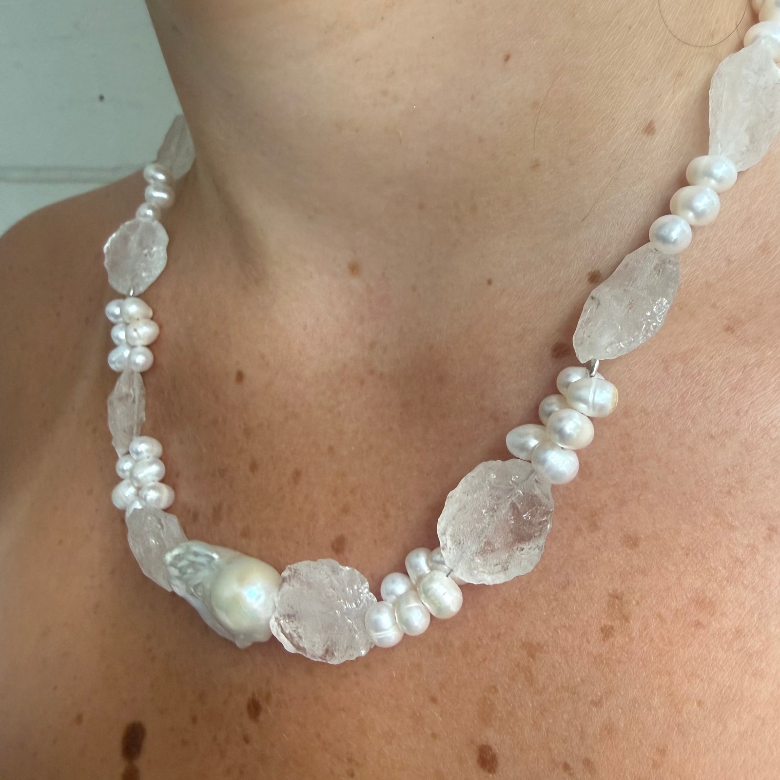 Clustered pearl and quartz necklace