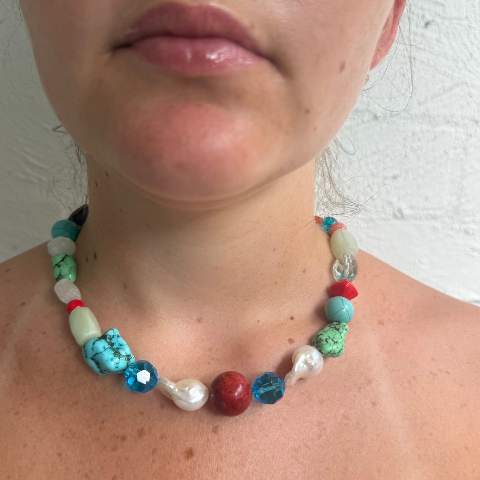 Pop of colour! Multi stone and baroque pearl necklace